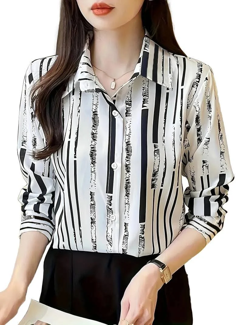 TADKEE Women's V Collared Casual Stylish Long Sleeve Oversized Fit Shirt