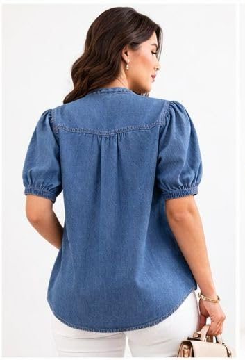 Women's Denim Shirt, Blue, Puff Sleeve, Breeze Top Button Front, Casual Top