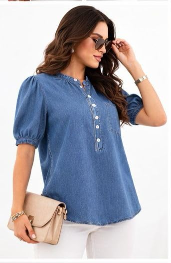Women's Denim Shirt, Blue, Puff Sleeve, Breeze Top Button Front, Casual Top