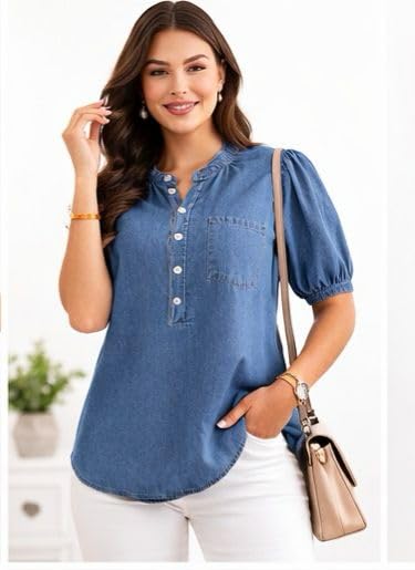 Women's Denim Shirt, Blue, Puff Sleeve, Breeze Top Button Front, Casual Top