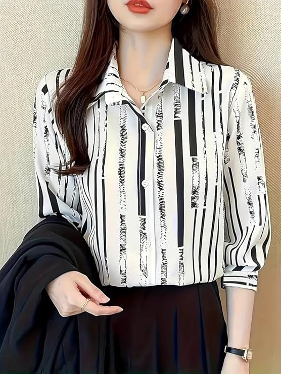 TADKEE Women's V Collared Casual Stylish Long Sleeve Oversized Fit Shirt