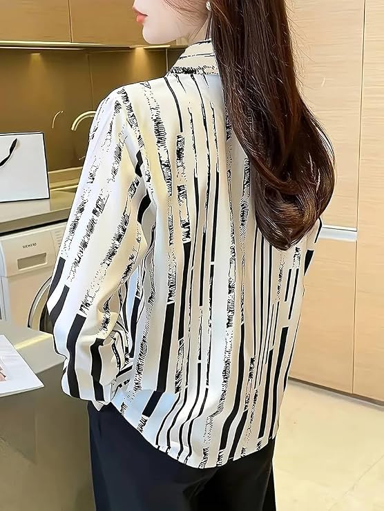 TADKEE Women's V Collared Casual Stylish Long Sleeve Oversized Fit Shirt