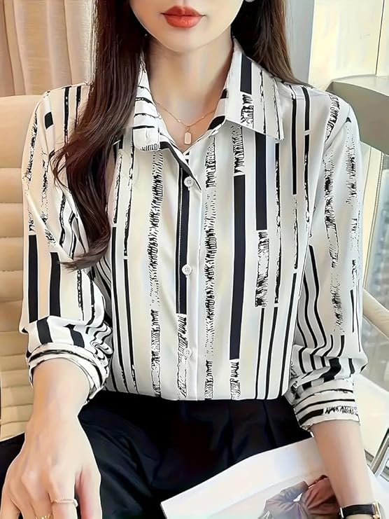 TADKEE Women's V Collared Casual Stylish Long Sleeve Oversized Fit Shirt